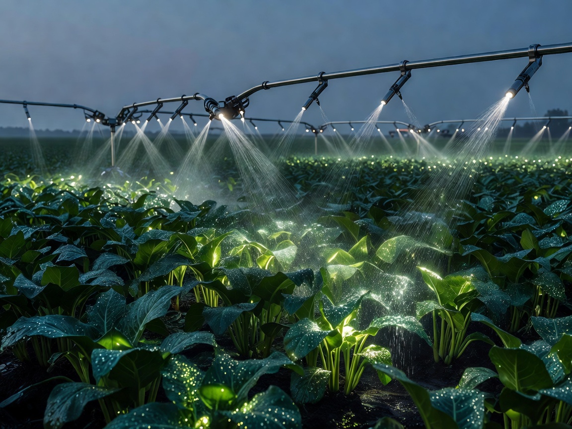 Automated watering spray systems watering deep green glowing crops