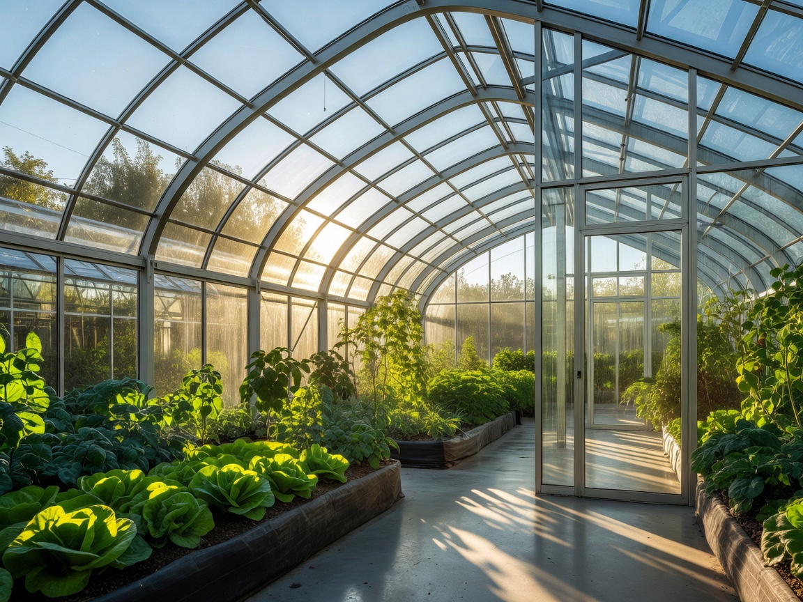 Beautiful sunlit modern crop greenhouse architecture