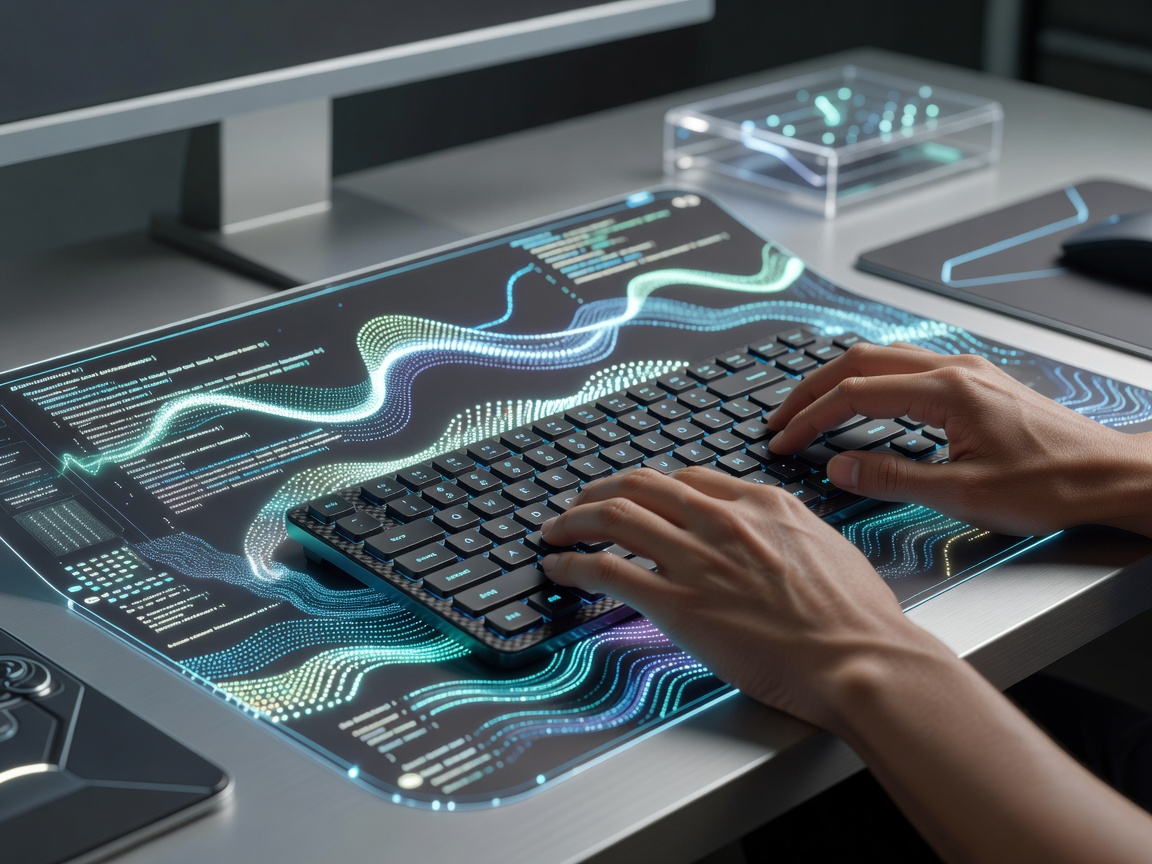 Close up keyboard typing on sleek futuristic programming interface setup
