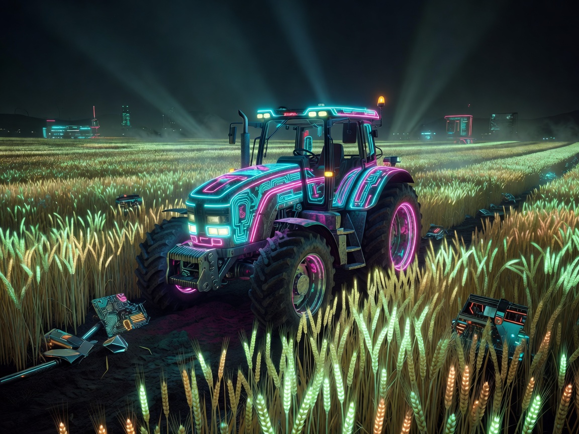 Cyberpunk neon tractor in an glowing wheat field