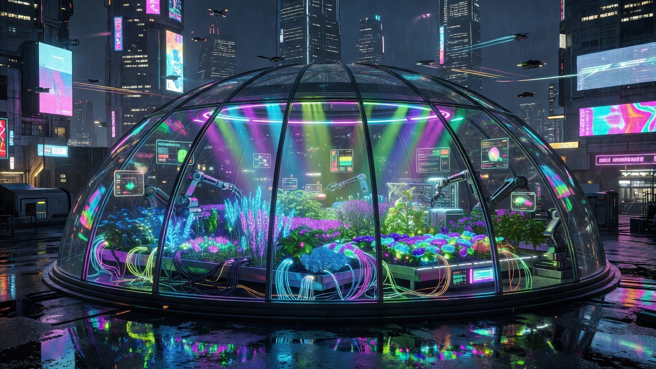 Cyberpunk neon virtual farm glass dome simulator background
