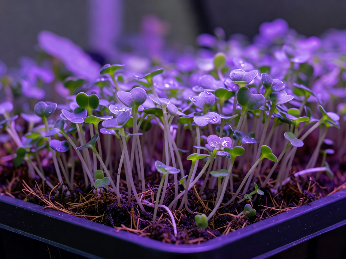 Detail image of organic microgreens growing under violet high-performance artificial light