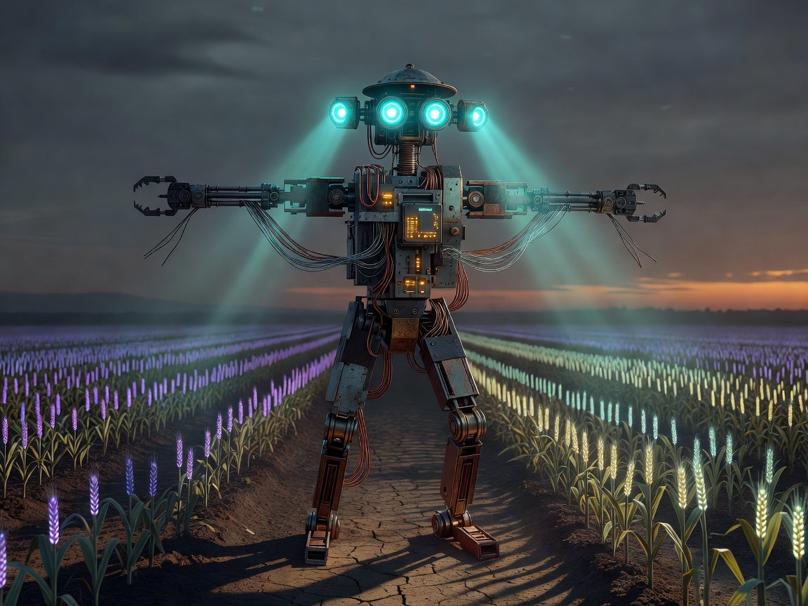 Futuristic mechanical scarecrow detailed cyber-sensor glowing eyes