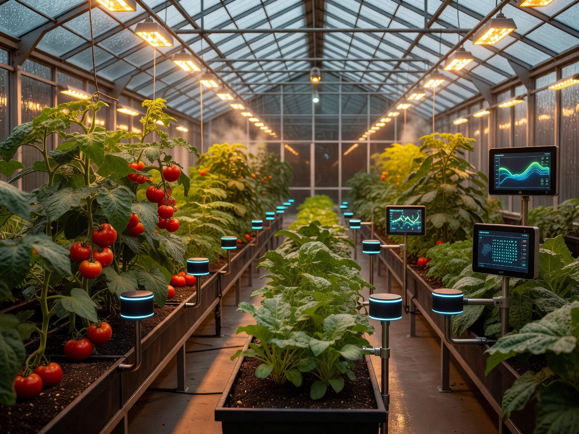 Glowing greenhouse rows with warm harvest lights and high tech plant growth monitors