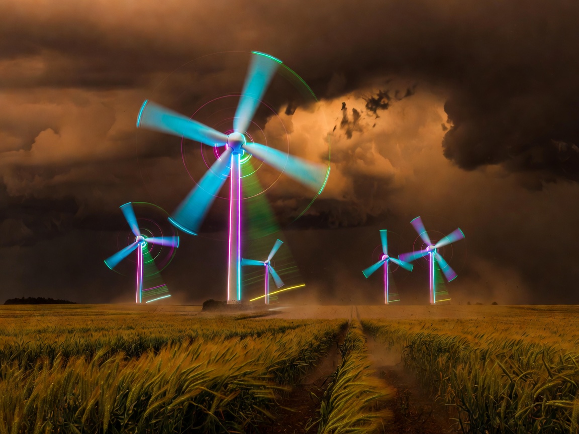 High speed neon wind turbines under deep amber stormy agricultural sky